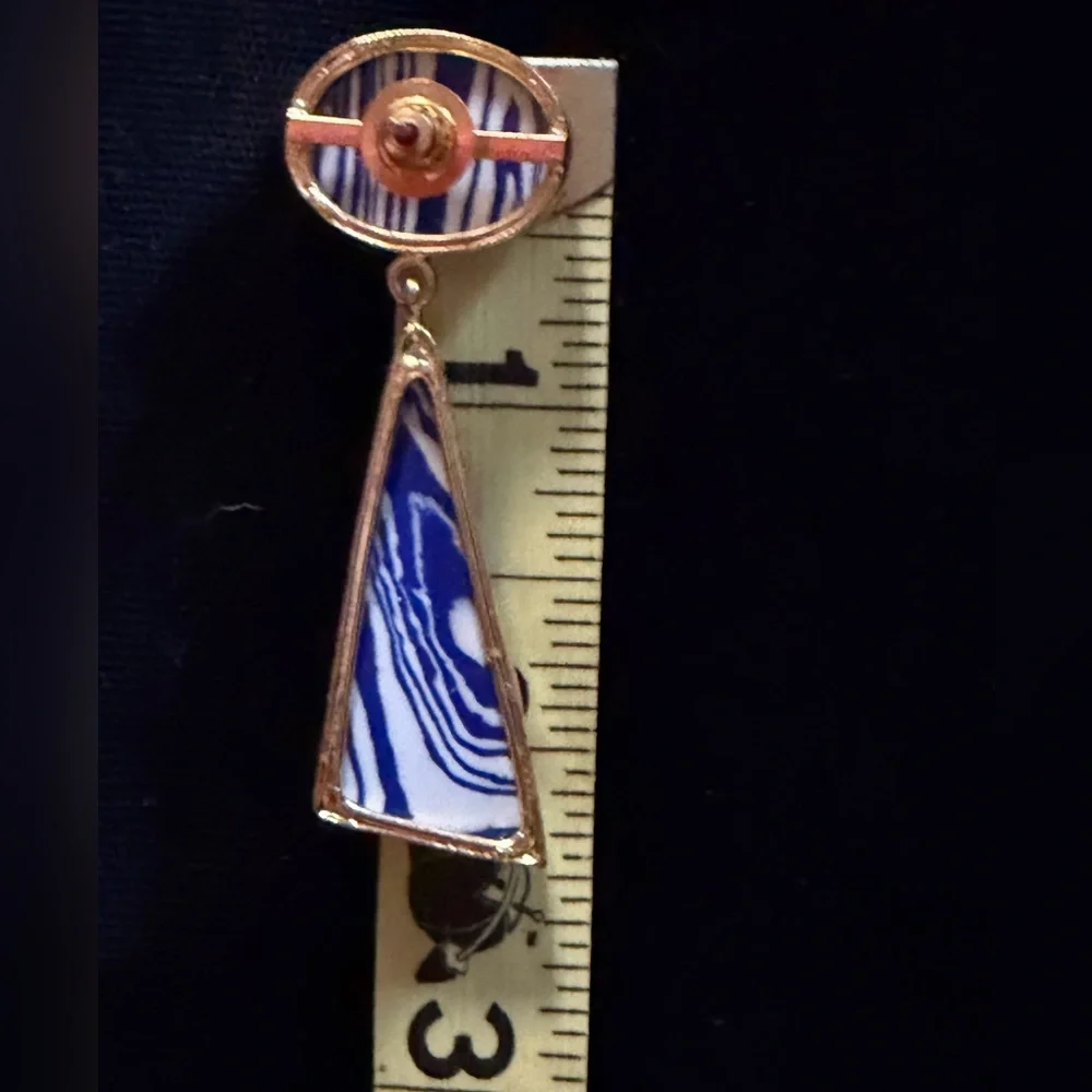 Blue and White Patterned Triangle Gold Border Dangling Statement Post Earrings - Picture 4 of 16